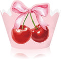 36Pcs Pink Bow Cherry Cupcake Wrappers Pink Red Bowknot Cherry Cupcake Liners Sweet Decorative Dessert Holders for Birthday Baby Shower