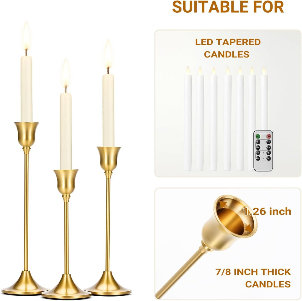 Tifanso Taper Candle Stick Holder - 3PCS Brass Gold Pillar Tall Candlestick Holders Metal Vintage Decor Dinner Table Dining Room Centerpieces Decorations for Wedding Fireplace Mantel Housewarming Gift
