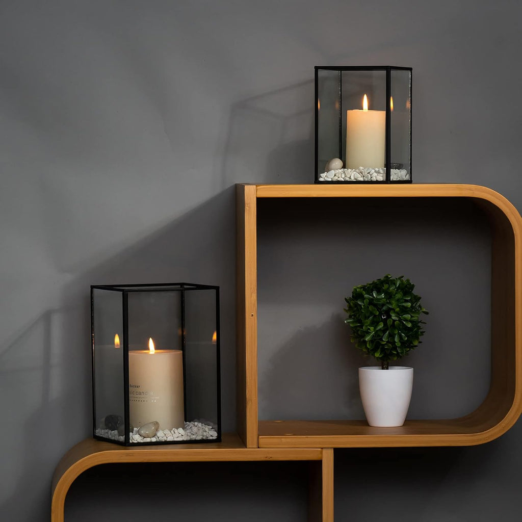 yshengood Large Glass Hurricane Candle Holder Set of 3 PCS, Black Frame and Glass Hurricane Candleholders