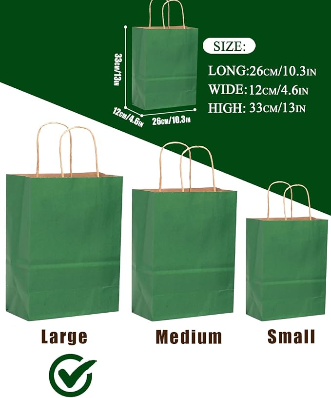 qiqee 50-Packs Kraft Deep Green Paper Gift Bags with Handles Bulk 13"x10.3"x4.6" Large Size Party Favor Bags Multiple Uses