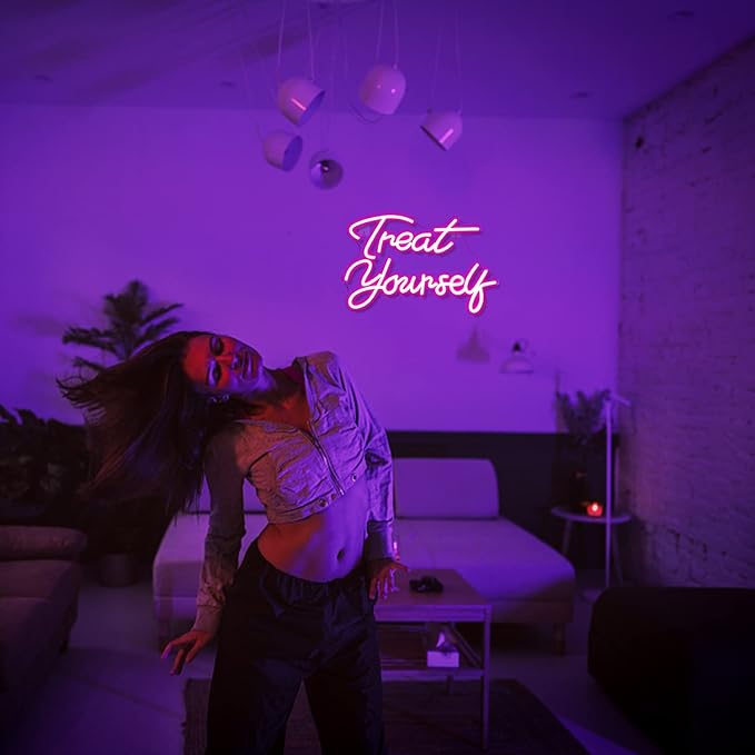 Wanxing Treat Yourself Neon Signs Pink Led Sign for Bedroom Wall Letter Neon Lights Wedding Signs Neon Room Decor for Birthday Gift Party Home Decor Bar