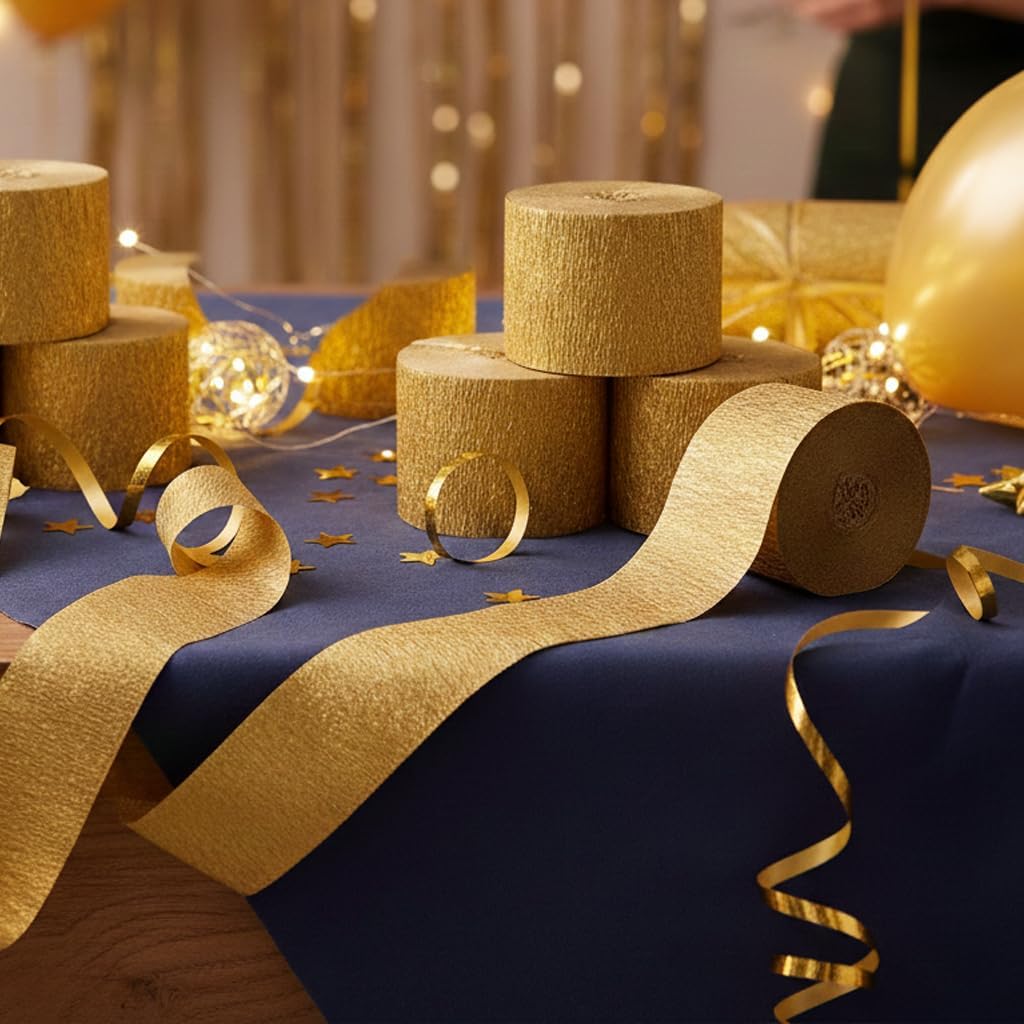 Gold Streamers 4 Rolls, 328 Ft Gold Crepe Paper, Streamer Party Decorations for Birthday, Wedding, Showers (1.8 in x 82 ft/Roll)