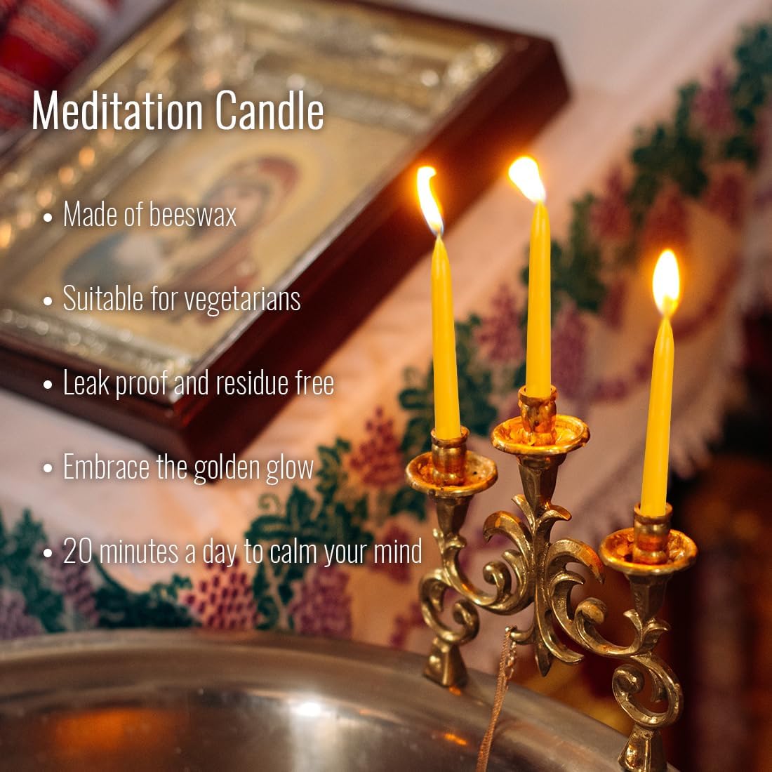 20-Minute Beeswax Meditation Candles, 20-Count with Brass Holder | 100% pure beeswax mini tapers, 20min burn timer, Includes brass holder, Dripless, Luxury tactile gift box