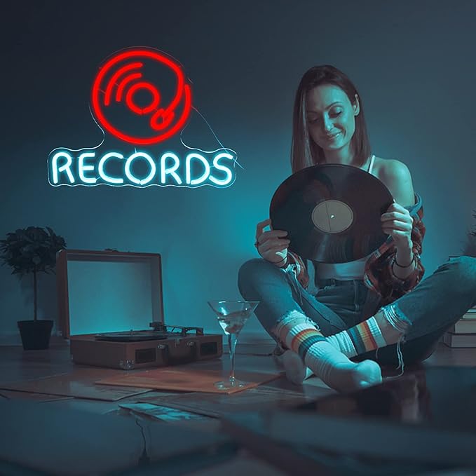 Vinyl Records Neon Sign, Neon Lights For Wall Decor, Funky Music Led Wall Decor, Aesthetic Grunge Neon Sign Room Decor -Energize Your Space With Magical Ambiance（16.5 X 12.6 inch）