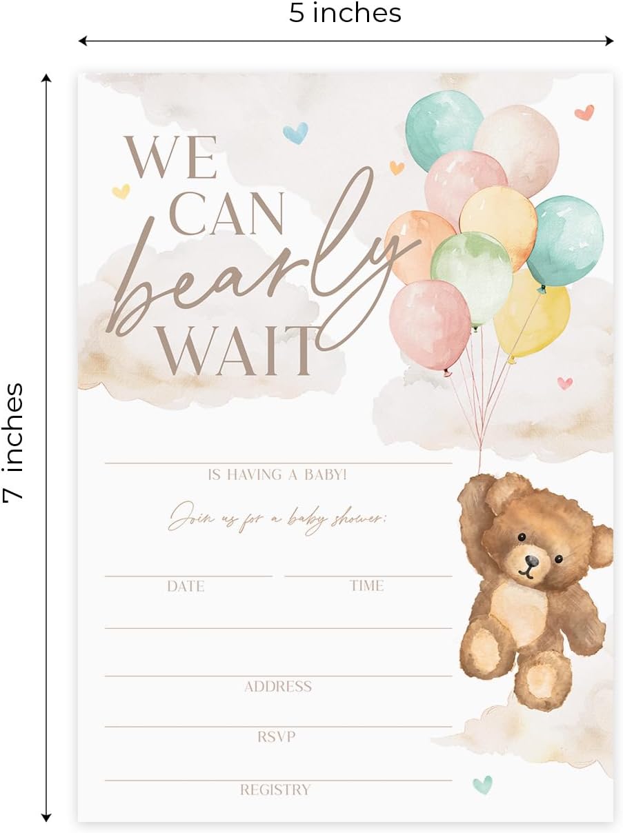 We Can Bearly Wait Baby Shower Invitations / 25 Barely Wait Teddy Bear Gender Neutral Baby Shower Invites With White Envelopes / 5" x 7" Flat Fill In Gender Reveal Boy Or Girl Invitation Cards / Made In The USA