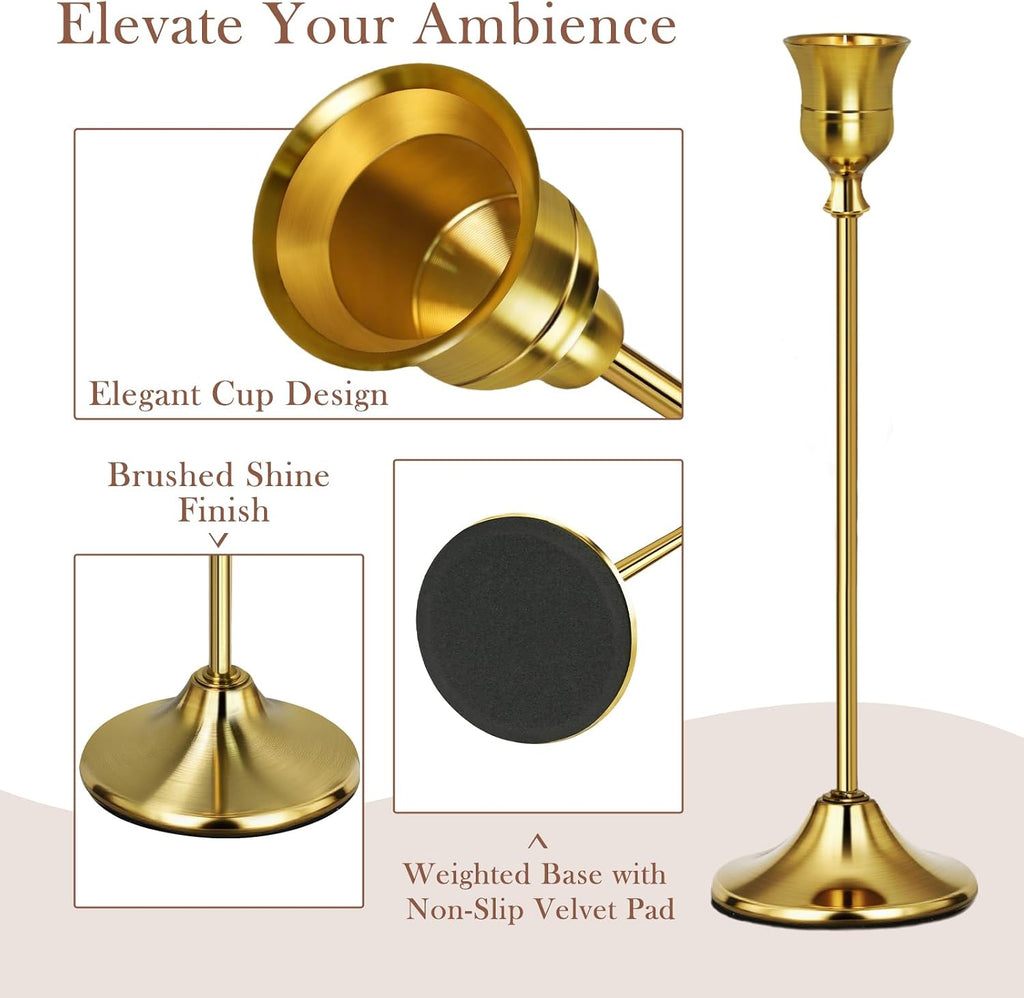 Gold Candlestick Holders Set of 6, Weighted, Metal Taper Candle Stick Holders, Vintage Christmas Brass Home Decor for Table, Mantel, Room Decorations Housewarming Gift Gold-6