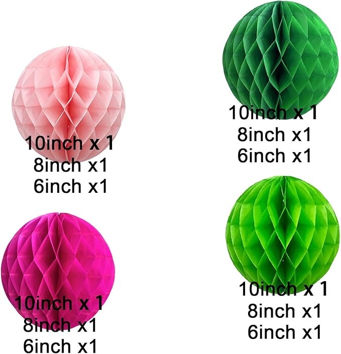 CC wonderland zone 12pcs Hot Pink and Green Paper Honeycomb Balls,6" & 10" Hanging Tissue Pom poms for Birthday Party Decoration