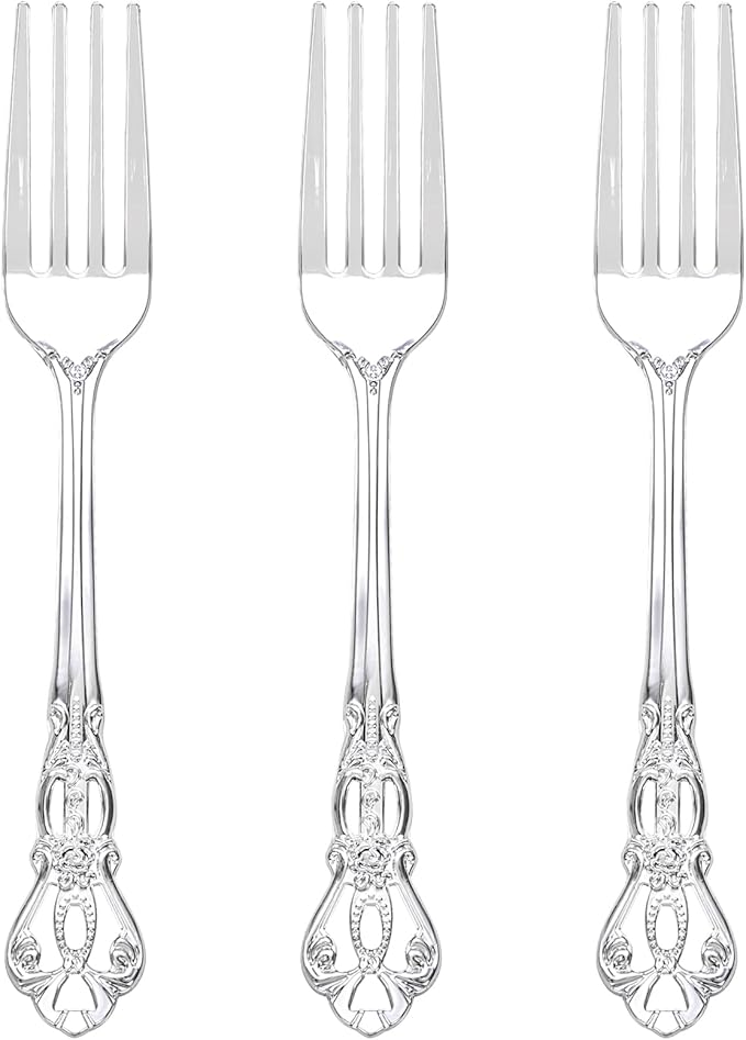 75PCS Silver Plastic Forks - 8.1inch Silver Forks Disposable - Vintage Heavy Duty Dessert Forks - Premium Fancy Plastic Silverware for Parties, Weddings, Dinners and Events