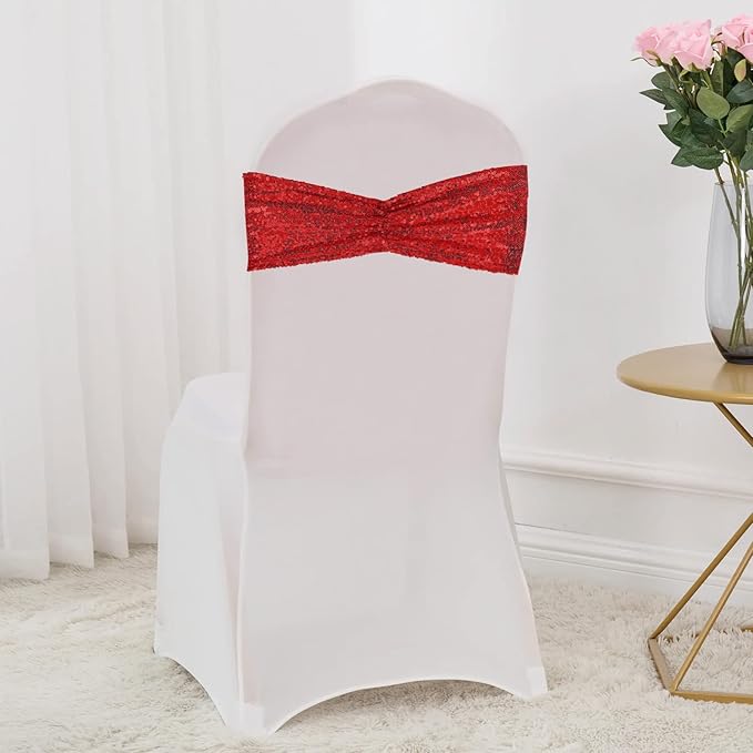 SquarePie Pack of 100 Chair Sashes Sparkly Red Sequin Bands for Wedding Party Banquet Home Decor