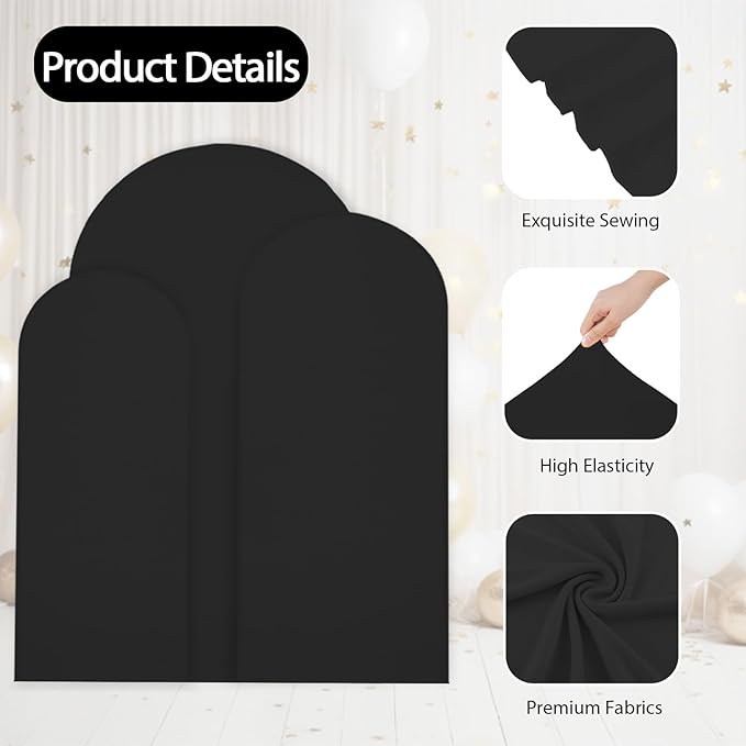 WEERRW Wedding Arch Cover Black Spandex Fitted Set of 3 Balloon Arch Stand Covers Round Top Chiara Stretchy Backdrop for Birthday Party Baby Shower Banquet Decoration (6FT, 6.6FT, 7.2FT)