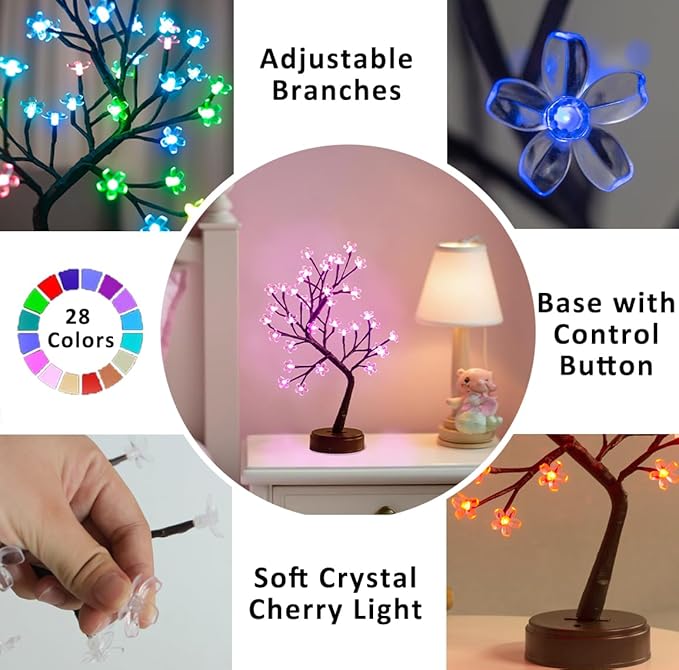 Pooqla RGB Cherry Blossom Tree Light with Remote 28 Colors LED Artificial Flower Bonsai Tree, RGB Table Top Lamp Home Lit Tree Valentine's Day Christmas Decoration 36 LED, Brown Branch