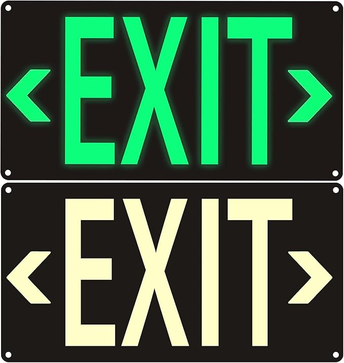 2Pack Photoluminescent Exit Sign Black, 14.25"x 7.5" Glow In The Dark Exit Signs Aluminum with 4pcs Removable Directional Arrows and Strong Adhesive Backing