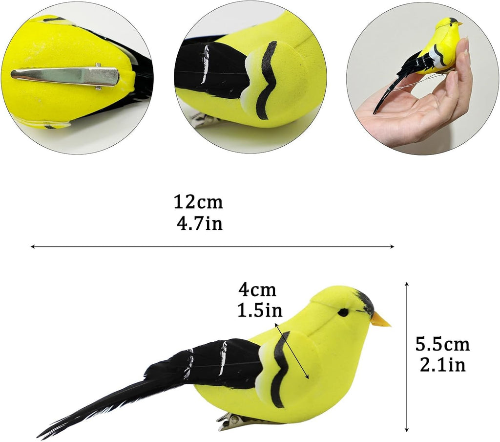 Artificial Birds Realistic Yellow Goldfinch 2 Pack Clip on Foam Feathered Bird Ornaments Figurines for Christmas Tree Decoration Wreaths Crafts Party Home Decor