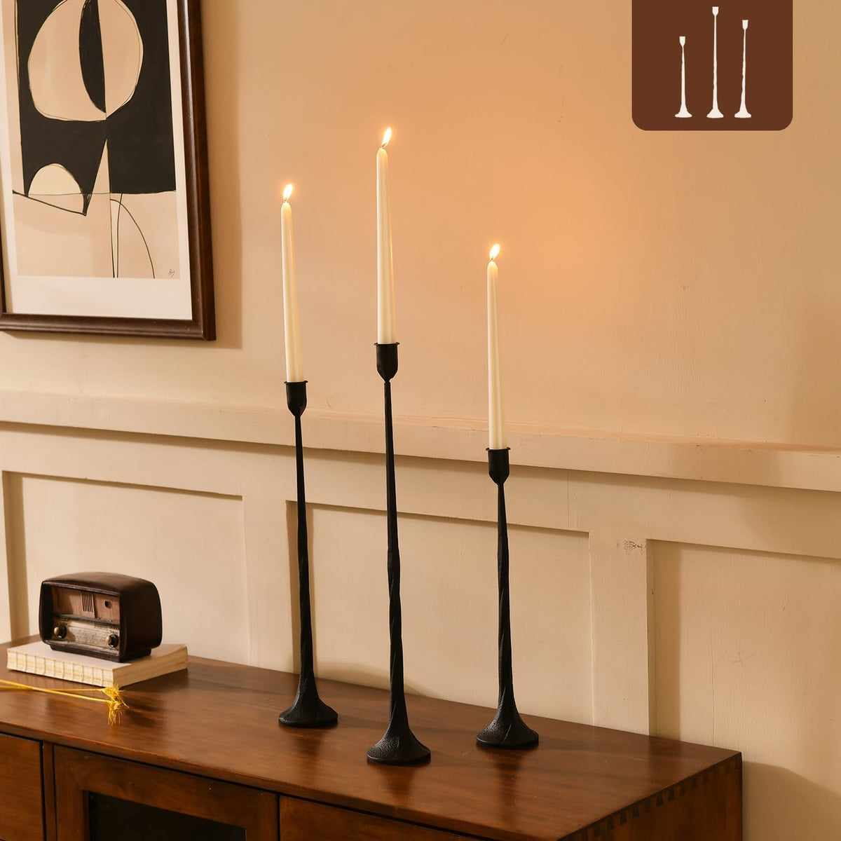 Iron Black Candlestick Holders, Set of 3 Candle Stick Holders,Fits 3/4 inch T...