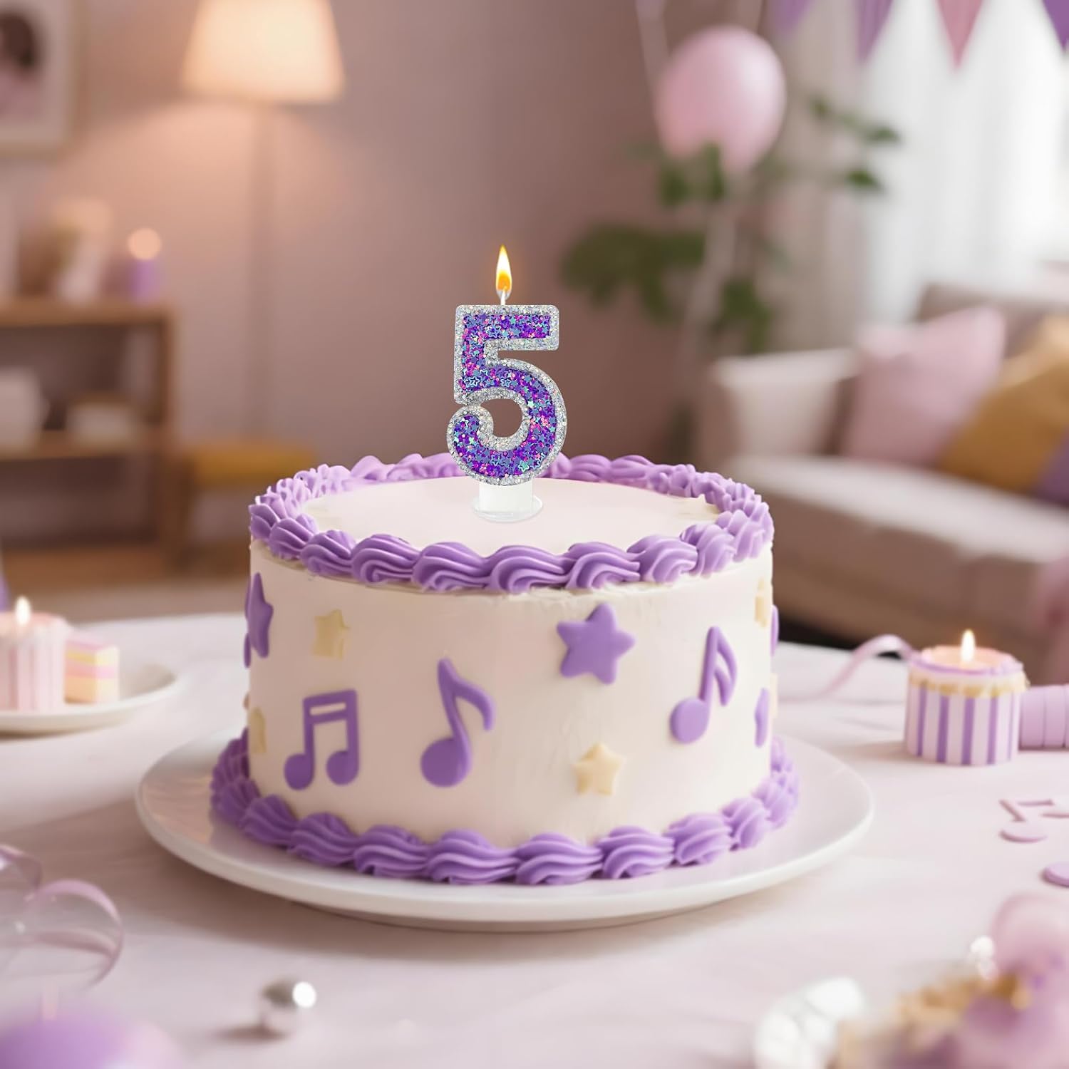 K-pop Number 5 Birthday Candle, Star Glitter Filled Number Candle, Purple Silver Fantasy Cake Topper for Birthday Party Decoration