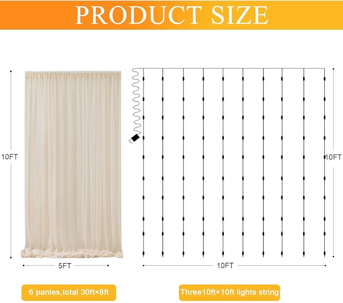 Fomcet Tulle Backdrop Curtains Champagne 30FT X 10FT Tulle Curtain with Lights String Sheer Backdrop Curtains for Parties Wedding Baby Shower Photo Shoot Decorations (6 Panels 5 x 10FT)