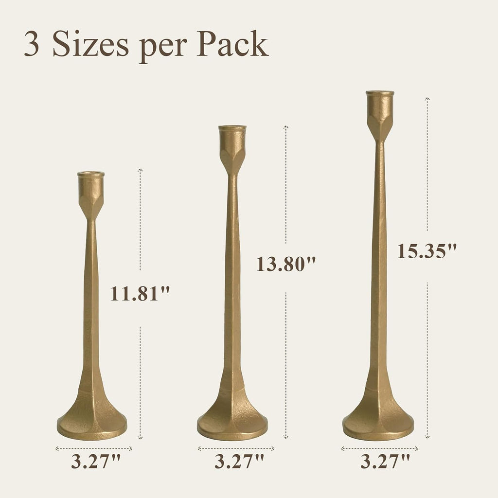 Gold Iron Taper Pillar Candle Holders Set of 3, Candlestick Holders Rustic Vintage Decorations, Tall Candle Stand for Home Decor Mantle Dining Coffee Table Outdoor Wedding-11.8"+13.8"+15.4"