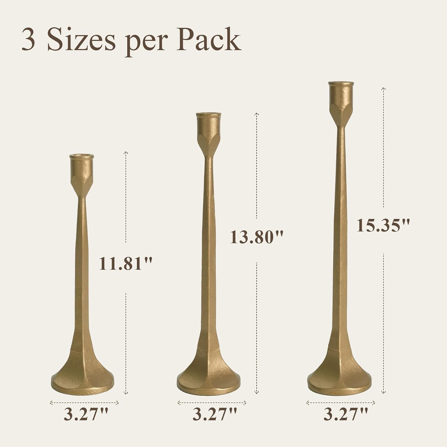 Gold Iron Taper Pillar Candle Holders Set of 3, Candlestick Holders Rustic Vintage Decorations, Tall Candle Stand for Home Decor Mantle Dining Coffee Table Outdoor Wedding-11.8"+13.8"+15.4"