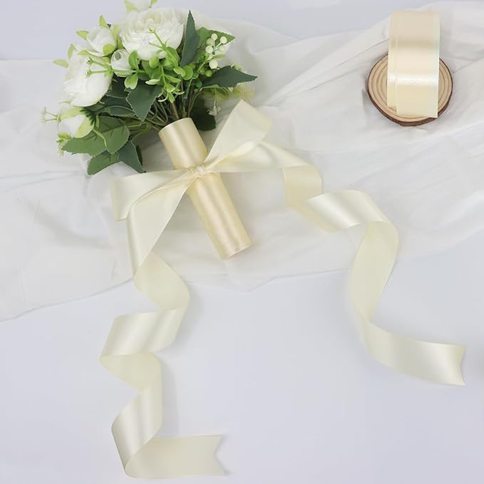 Rice White Solid Satin Ribbon 1-1/2 Inch 25 Yards Solid Polyester Fabric Ribbon for Gift Wrapping Wedding Christmas Baby Shower Birthday Party Decoration Handmade Immortal Flower Craft