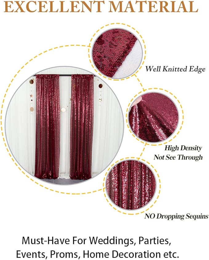 ShinyBeauty Sequin Backdrop 4 Panels Burgundy 2FTx8FT Fabric Photo Curtains for Party Baby Shower Glitter Backgrounds