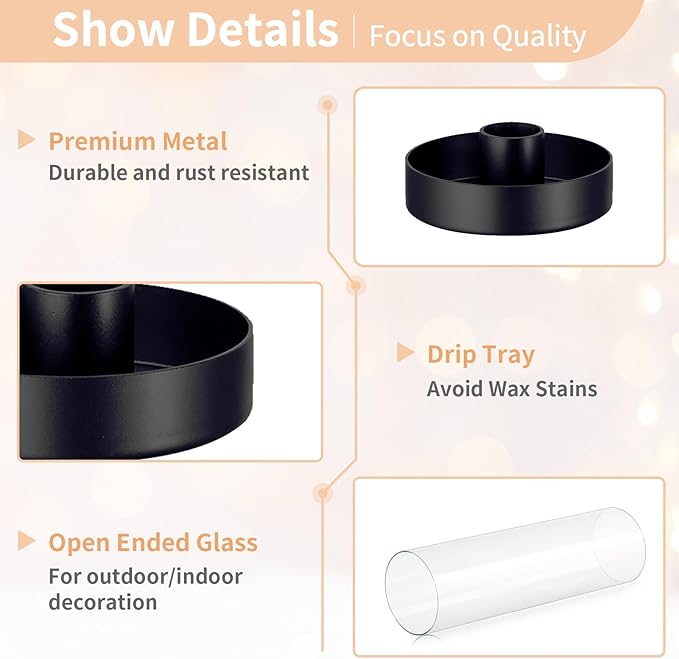 NUPTIO Black Taper Candle Holders: 10 Pcs Bulk 11.81 inch Tall Hurricane Glass Candlestick Tapered Holder Windproof Modern Clear Candles Stand for Outdoor & Indoor Wedding Party Holiday Centerpiece