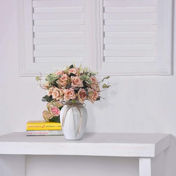 LESING Artificial Rose with Vase,Fake Silk Flowers Bouquets in Vase Table Centerpiece Arrangement for Kitchen Living Room (Pink)