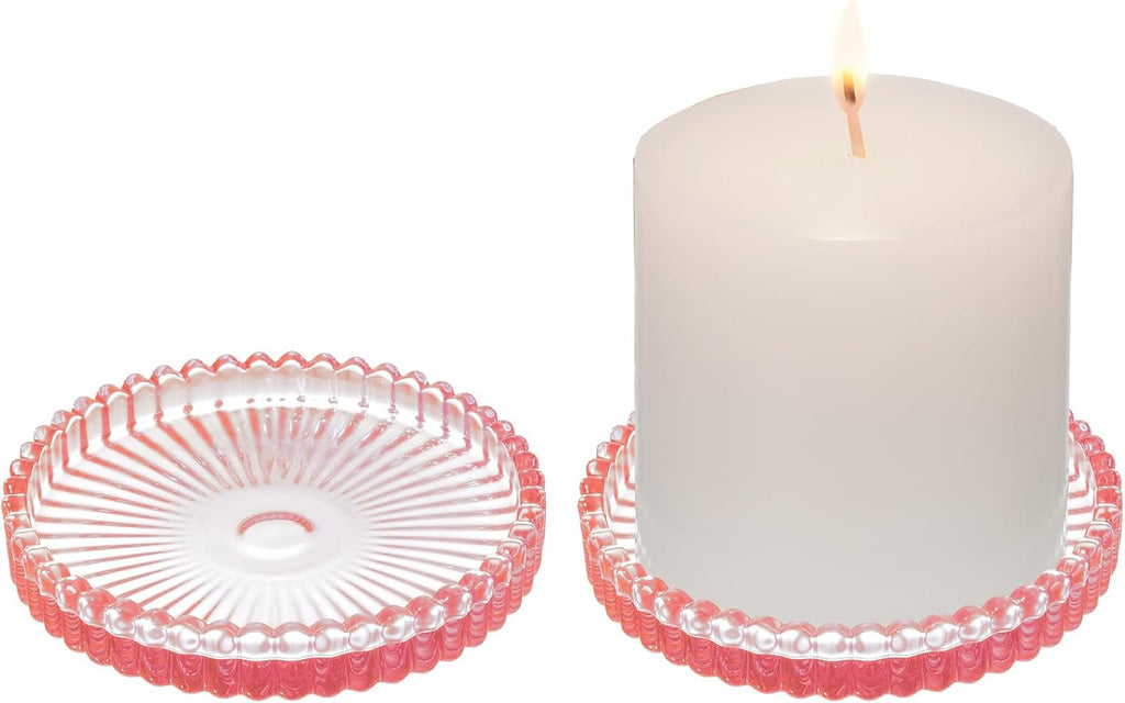 2 Pack Glass Pillar Candle Holders 4 Inch Ribbed Edge Design Decorative Candle Plate with Serrated Edges Clear Pink Display Stand for Wedding Home Decor Table Centerpieces