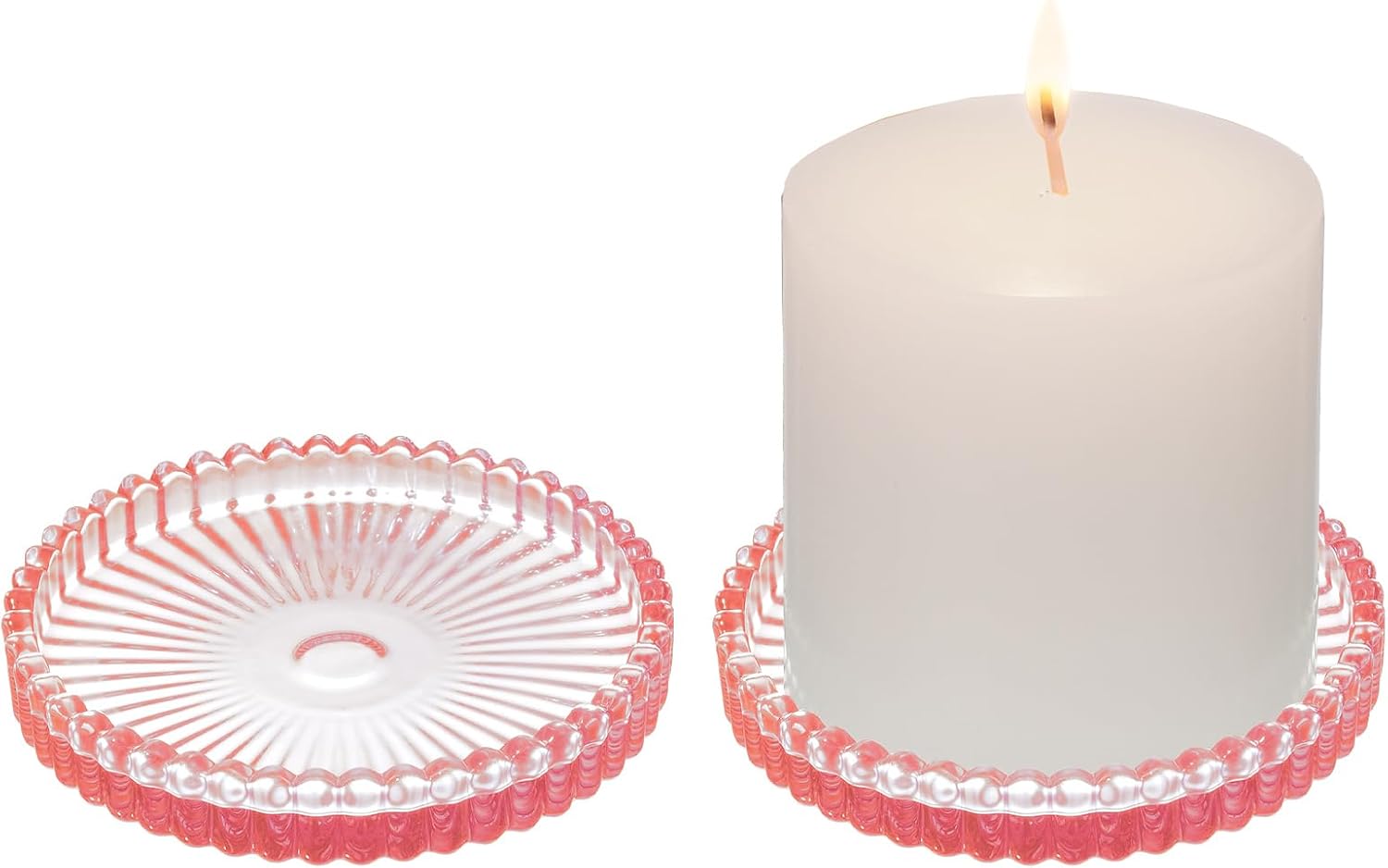 2 Pack Glass Pillar Candle Holders 4 Inch Ribbed Edge Design Decorative Candle Plate with Serrated Edges Clear Pink Display Stand for Wedding Home Decor Table Centerpieces