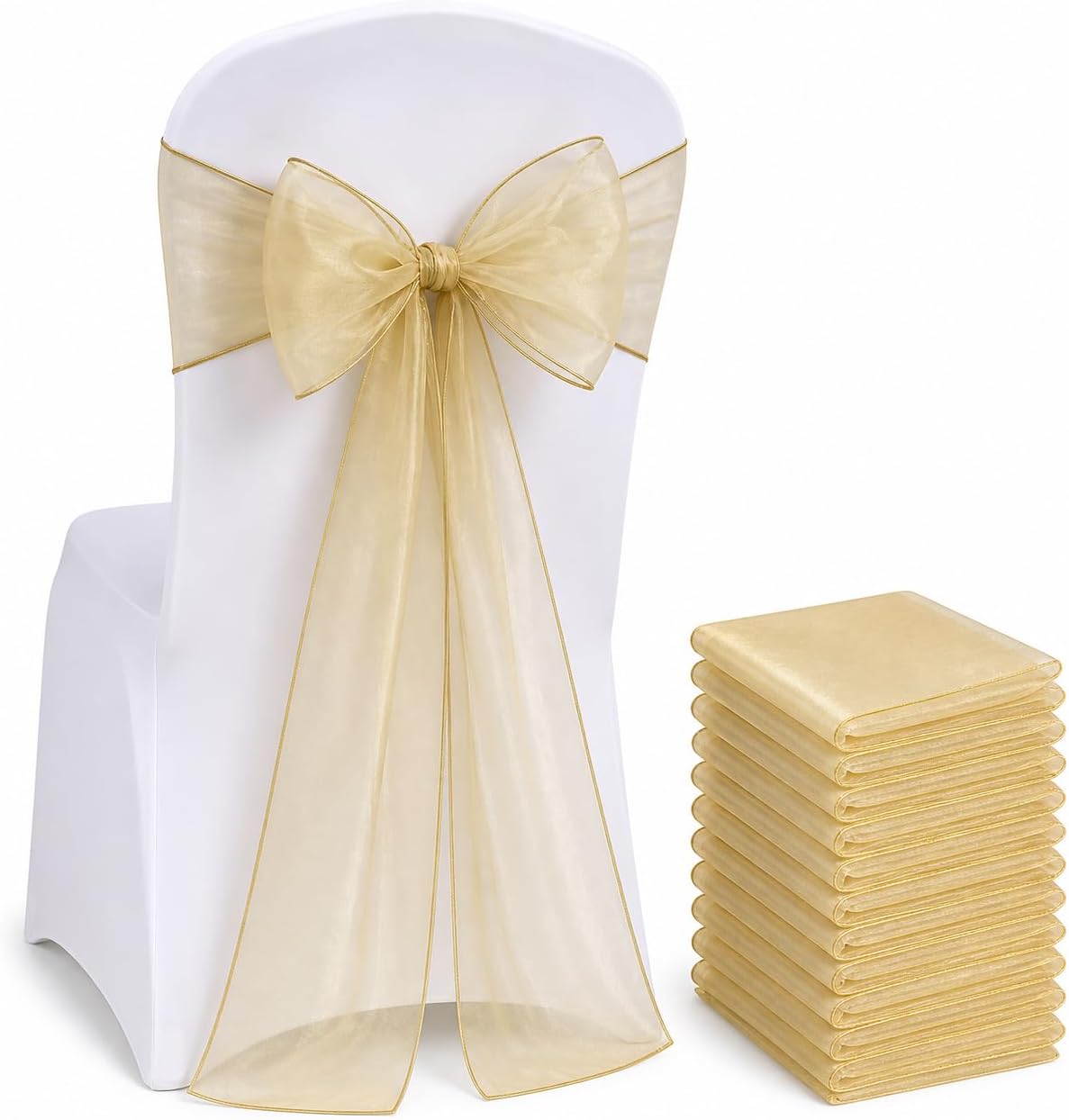 New Organza Chair Bow/Sash Décor for Wedding Reception Events Banquets Bows Decoration Sashes - (25, Champagne new)