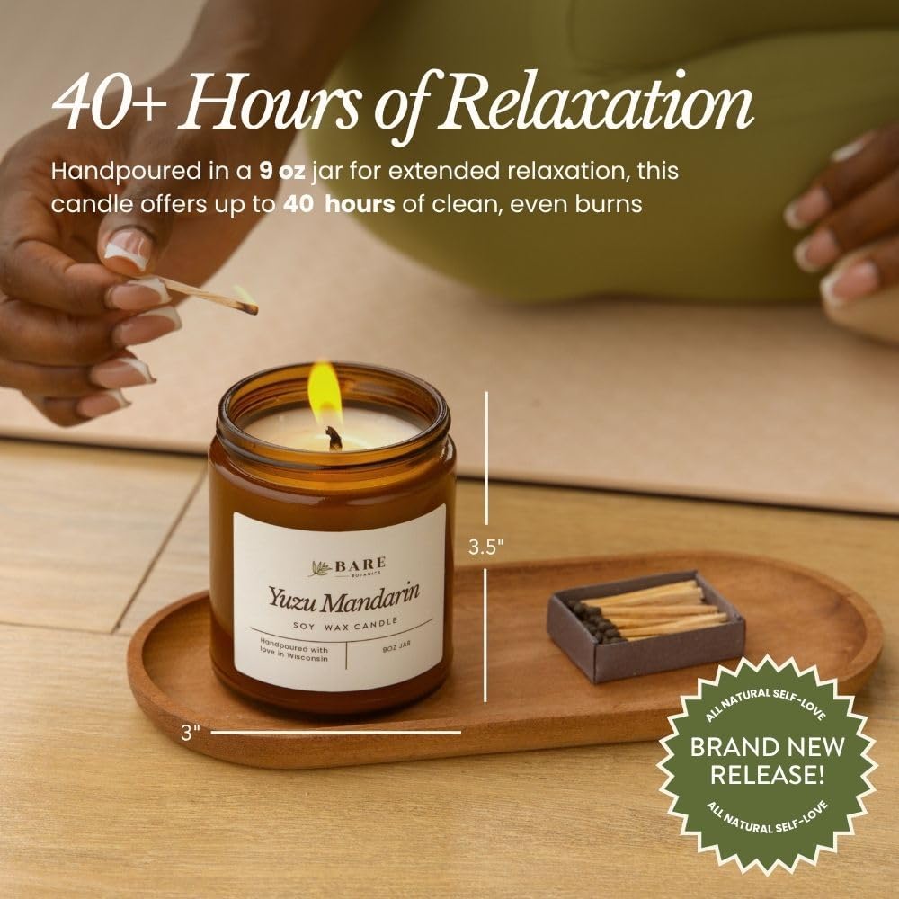 Bare Botanics 9oz Non Toxic Soy Candle Warm Vanilla Oak - 40+ Hour Burn | 100% Plant-Based Fragrance Oils | Handpoured in Wisconsin | Clean-Burning Soy Wax