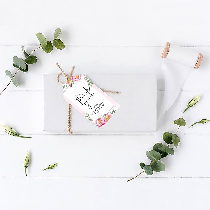 Andaz Press 100-Pack Thank You For Celebrating With Us Favor Tags Pink Peonies Cardstock Gift Tags with Bakers Twine for Wedding Baby Shower Bridal Shower Birthday Holiday Party Favors 2 x 3.75-Inches