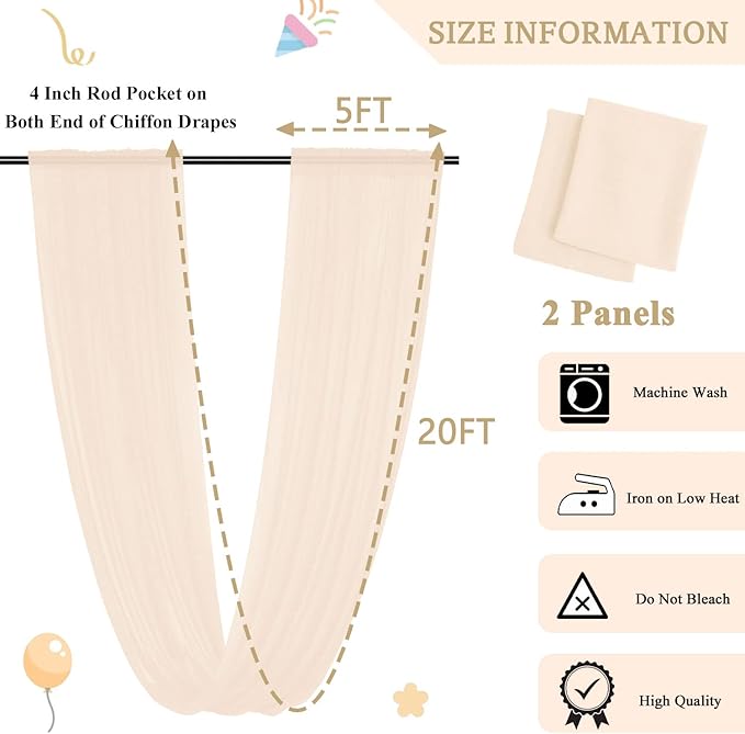 MODFUNS Champagne Ceiling Drapes for Parties 2 Panels 5FTx20FT Sheer Fabric for Draping Chiffon Curtain Ceiling Backdrop Wedding Arch Drapes Fabric Tulle Wedding Curtains Banquet Hall Tent Drapery