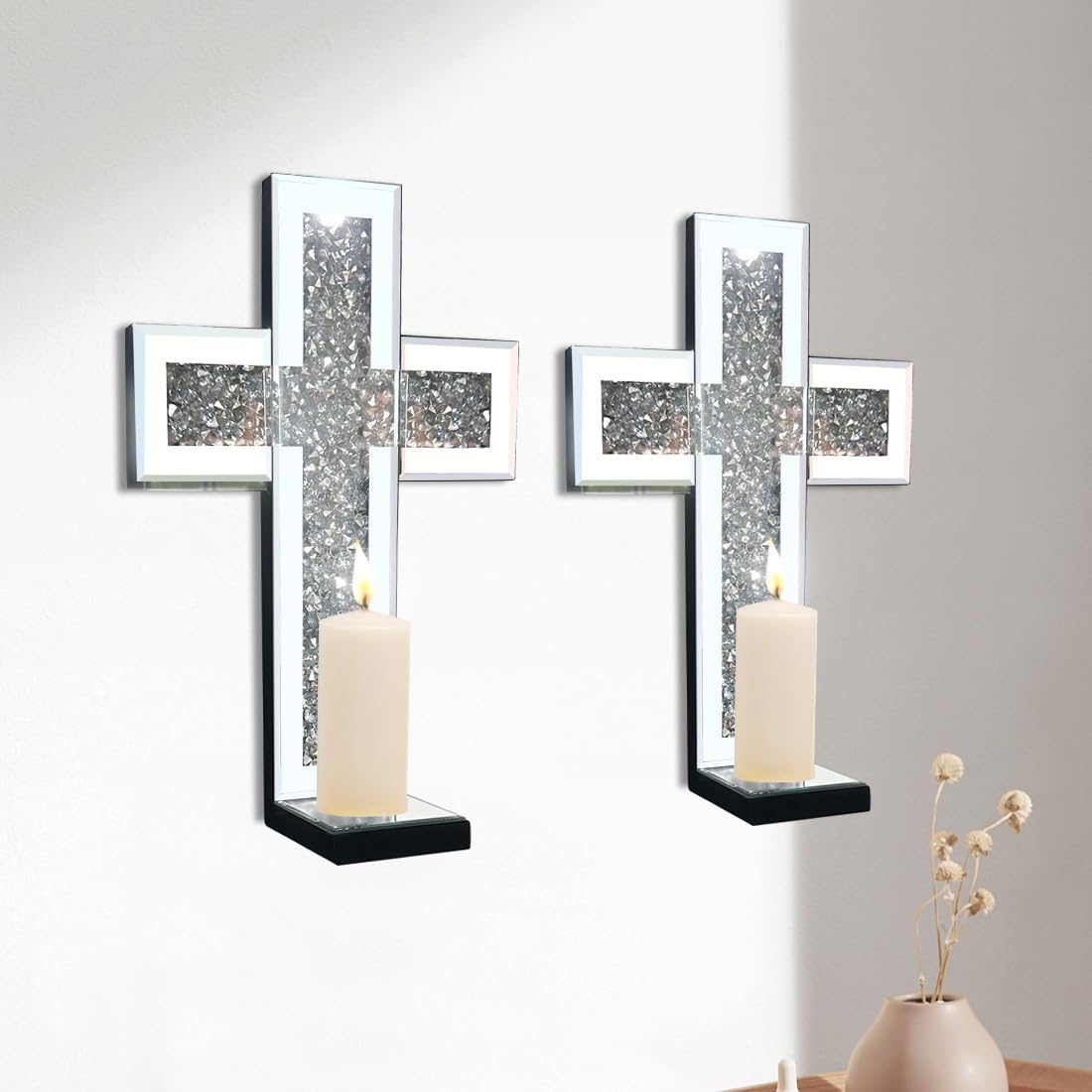 Aeveco Crystal Crush Diamond Mirrored Candle Sconces, Silver Wall Candle Holder Set of 2, Wall Decoration for Living Room，Dining Room (Silver Cross)