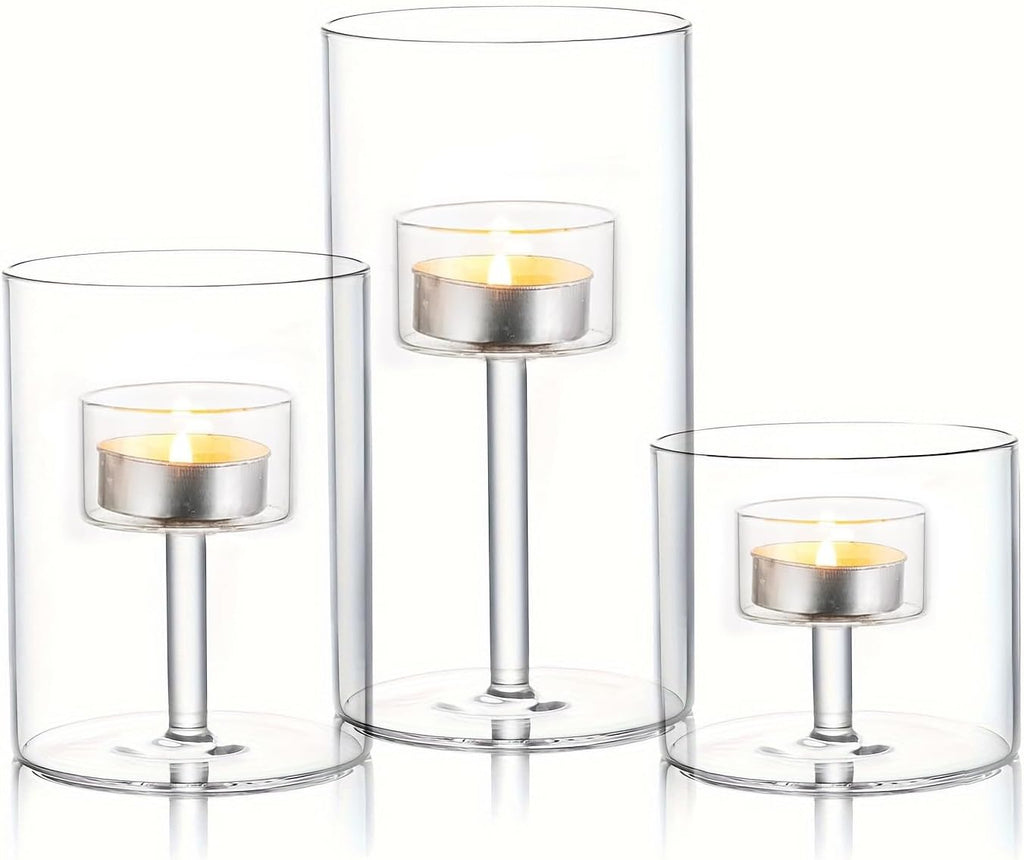 Glass Hurricane Candle Holder, 3pcs Clear Cylinder Candle Holders Bulk for Pillar Candles, Open Ended Glass Candle Pedestal for Wedding Centerpieces Tables, Party, Event(No.01)