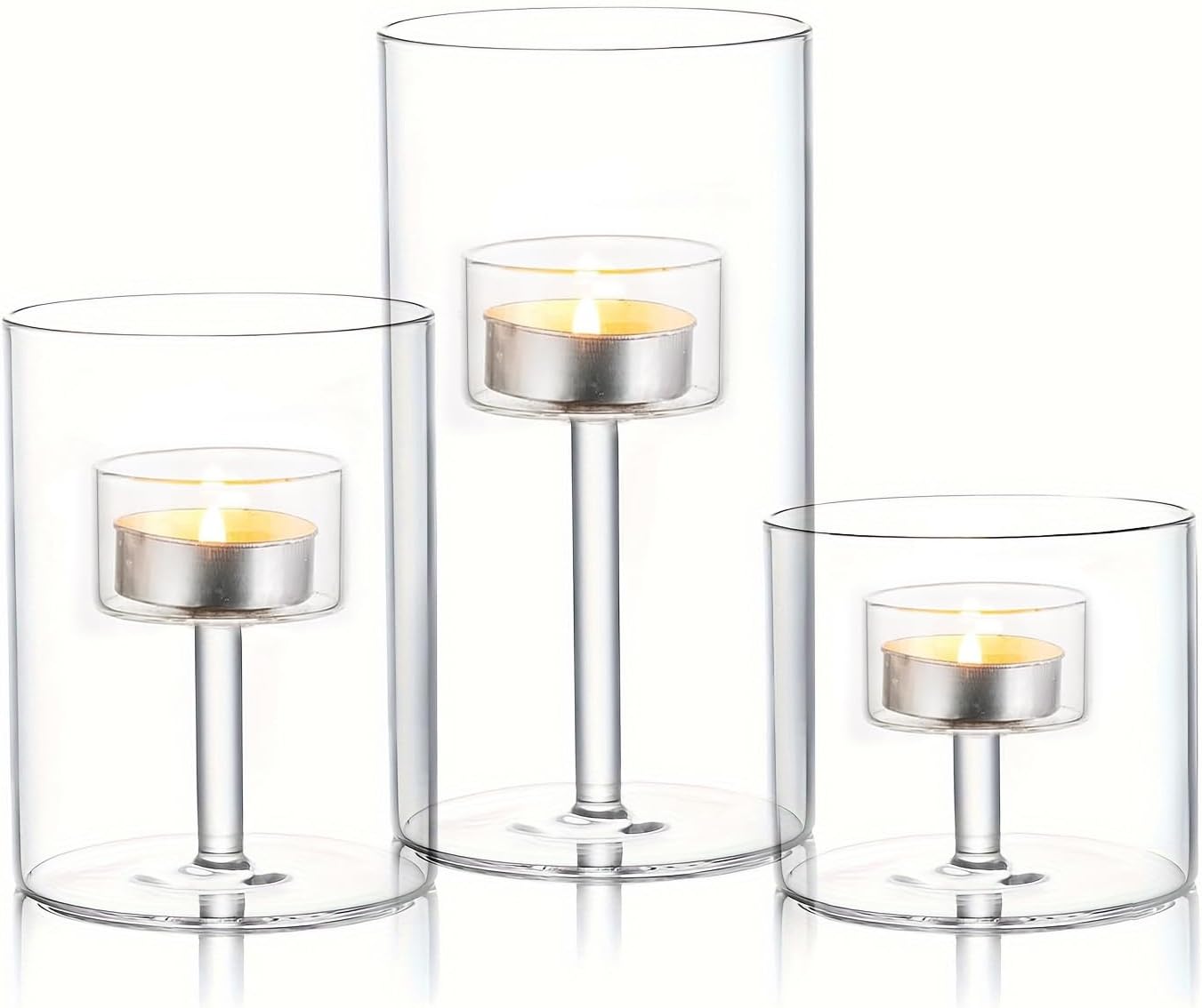 Glass Hurricane Candle Holder, 3pcs Clear Cylinder Candle Holders Bulk for Pillar Candles, Open Ended Glass Candle Pedestal for Wedding Centerpieces Tables, Party, Event(No.01)