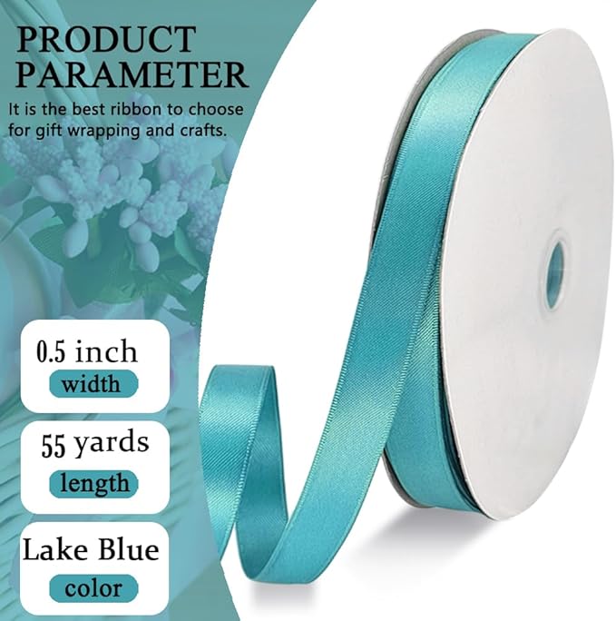 Lake Blue Satin Ribbon Double Faced Satin 1/2 inch x 55 Yards Polyester Ribbon for Gift Wrapping Crafts Wedding Decoration Bows Ornaments Party Bouquet Floral Arrangement