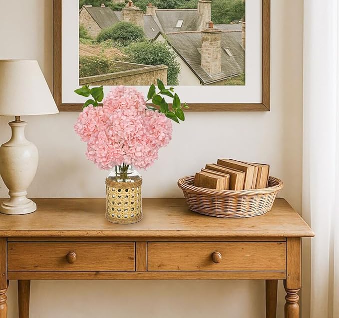 Hollyone Pink Hydrangea Artificial Flowers in Woven Glass Vase with Faux Water Silk Hydrangeas Fake Flowers Floral Arrangement for Home Indoor Bathroom Kitchen Office Table Centerpiece Shelf Decor