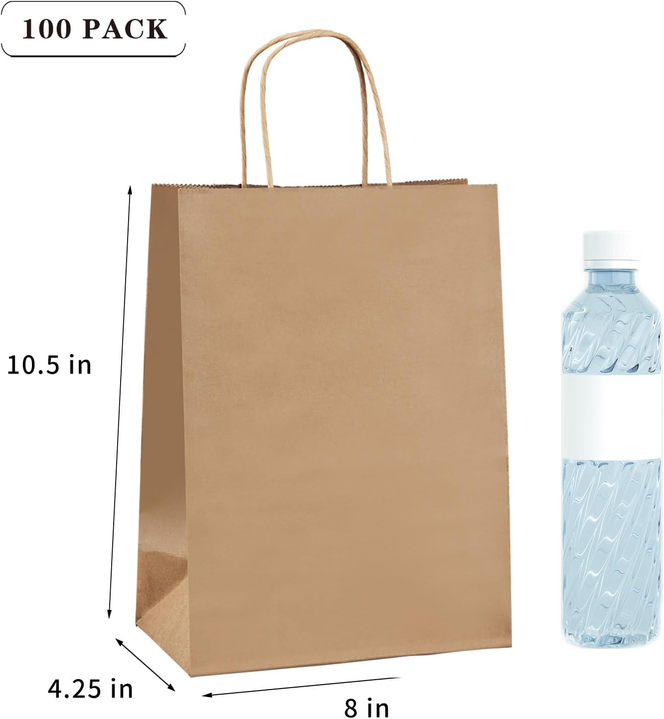 vanhel 100 Pack Brown Paper Bags with Handles,8x4.25x10.5 Inches,Gift Bags Medium Size,Gifts Bag Bulk for Festival,Birthday,Favor,Party,Shopping,Retail Merchandise.