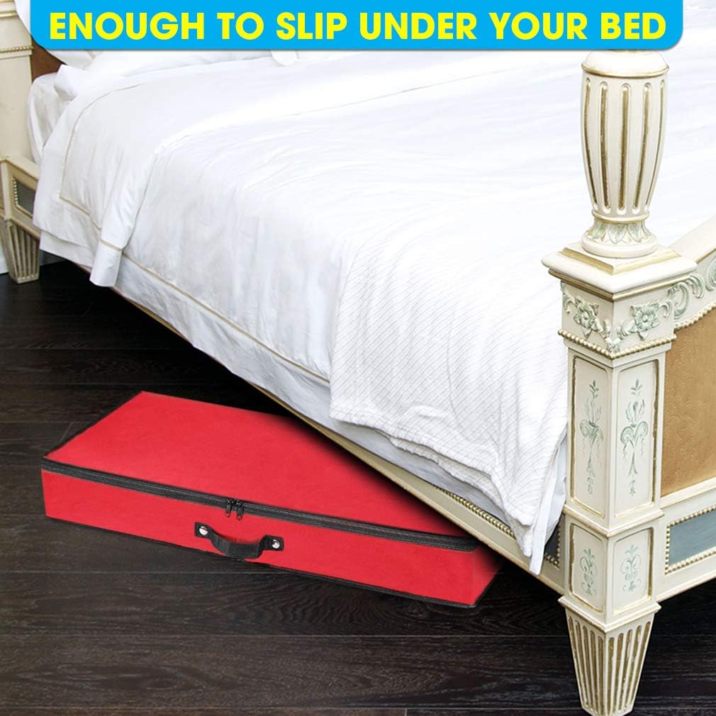 Wrapping Paper Storage Container | Under Bed Gift Wrap Organizer for 30 Inch Rolls | 31”x13.5”x4.5” | 600D Oxford Material | Box Holder with Pockets for Ribbon, Bows, and Accessories (Red)