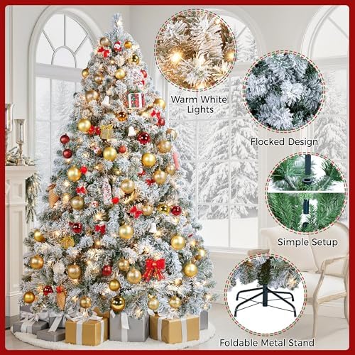 yaheetech 7.5ft pre-lit snow flocked artificial christmas tree showing dimensions