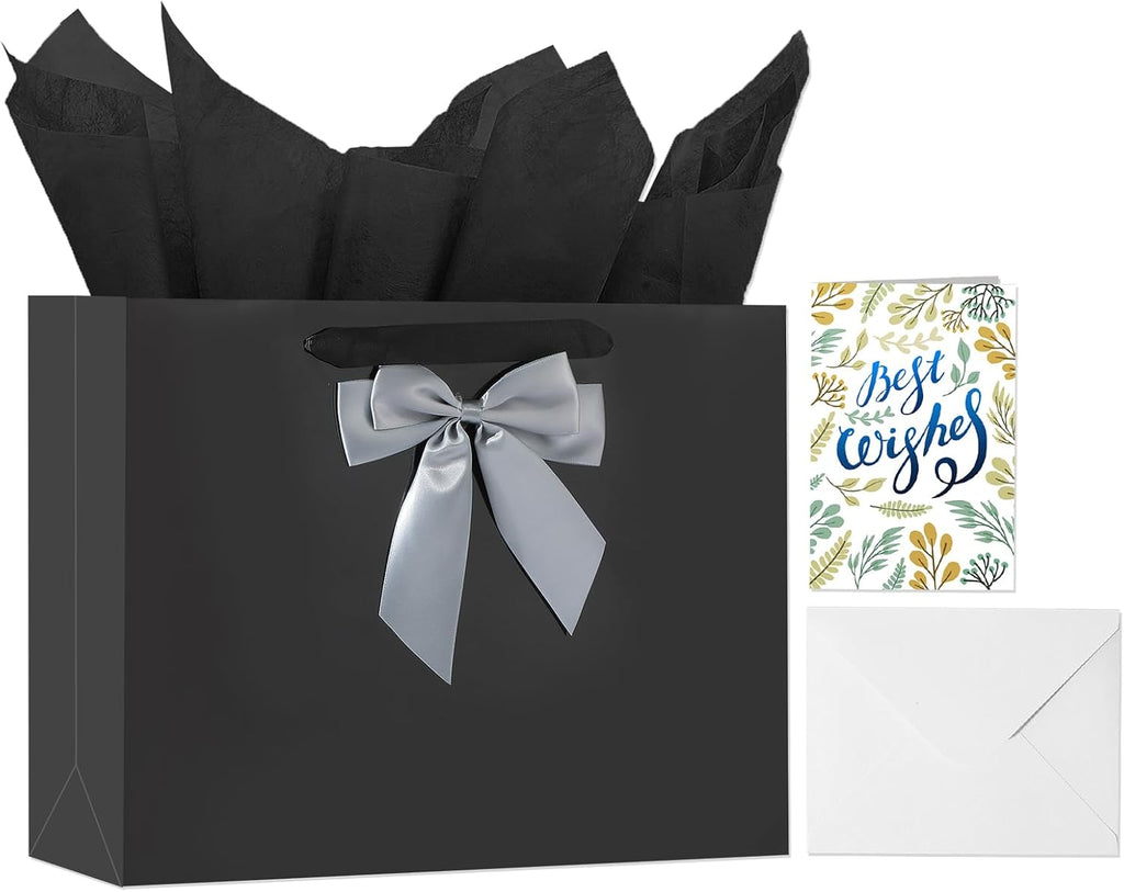 13" Black Bags with Handles, Birthday Gift Bag Set - 1 Gift Bag with Bow, 2 Tissues & Greeting Card for Men Women,Gift Bags Medium size(1 PCS Black Glossy)