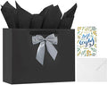 13" Black Bags with Handles, Birthday Gift Bag Set - 1 Gift Bag with Bow, 2 Tissues & Greeting Card for Men Women,Gift Bags Medium size(1 PCS Black Glossy)
