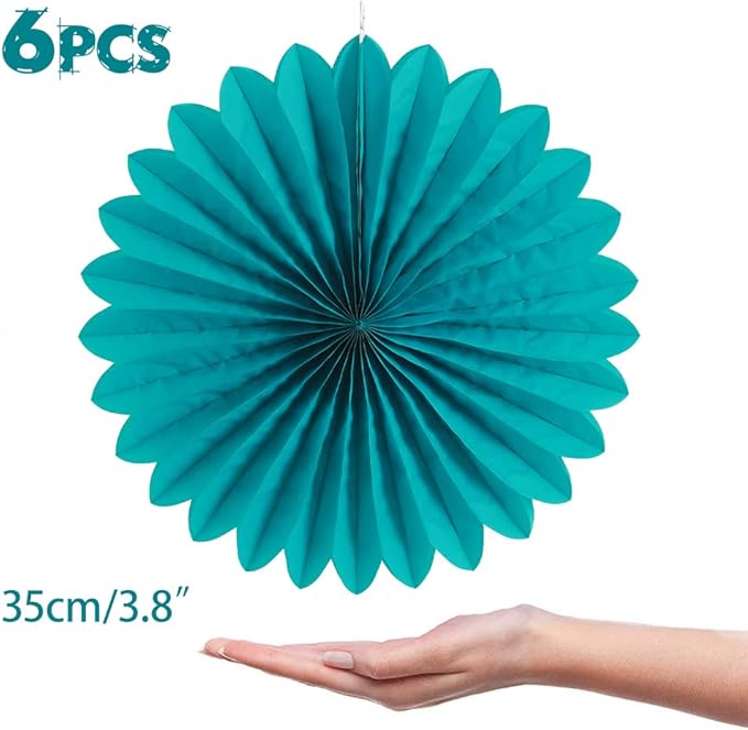 Easy Joy Teal Party Decorations Paper Fans Birthday Wedding Home Party Hanging Decoration, Set of 6 (14 Inches, Teal)