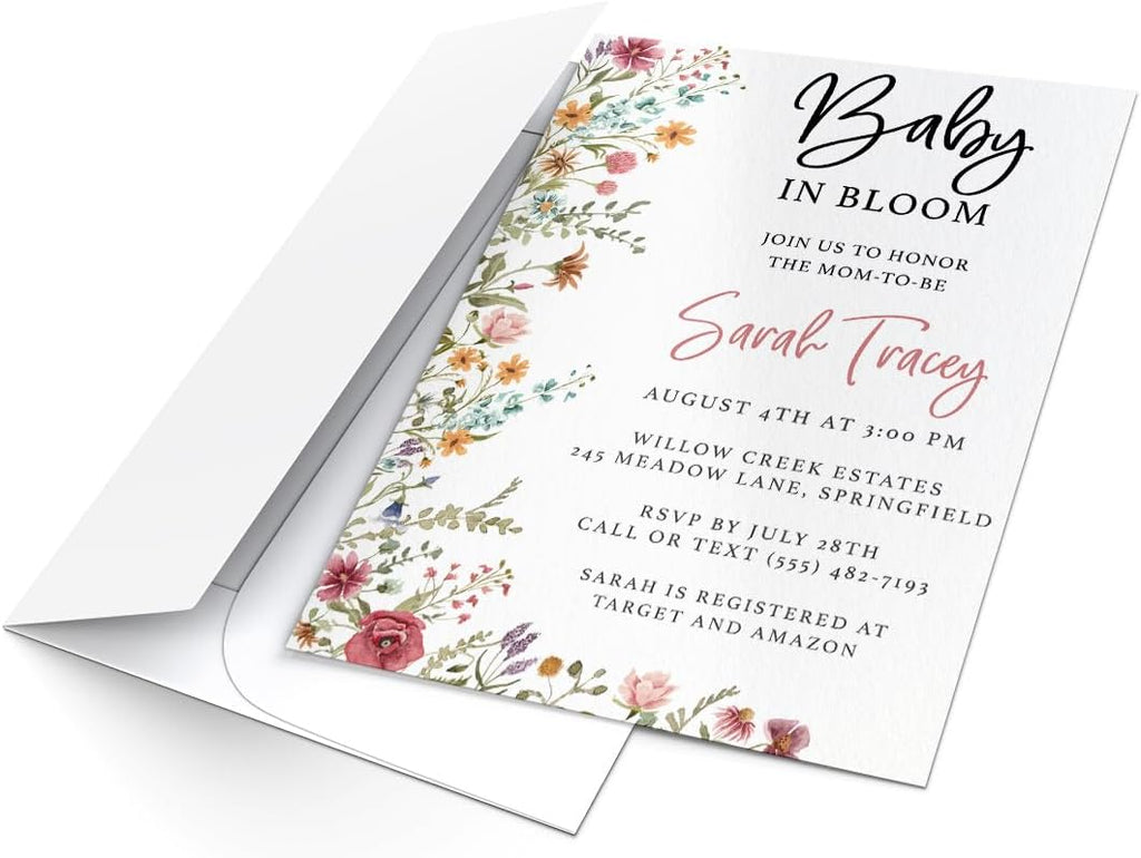 Printed Party Custom Baby Shower Invitations with Envelopes – Wildflower | Baby in Bloom Floral Design | Includes Matching Envelopes | For Girl Baby Shower or Sprinkle | Made in USA | 5x7