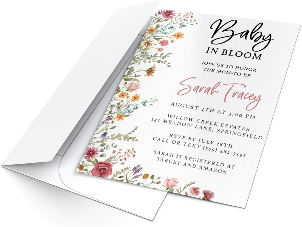 Printed Party Custom Baby Shower Invitations with Envelopes – Wildflower | Baby in Bloom Floral Design | Includes Matching Envelopes | For Girl Baby Shower or Sprinkle | Made in USA | 5x7