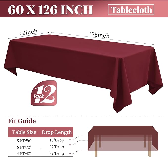 12 Pack 60 x 126 Inch Rectangle Tablecloth Burgundy Polyester Tablecloth for 8 Ft Rectangle Tables, Washable Fabric Table Cloth for Wedding Dining Table Buffet Parties Camping