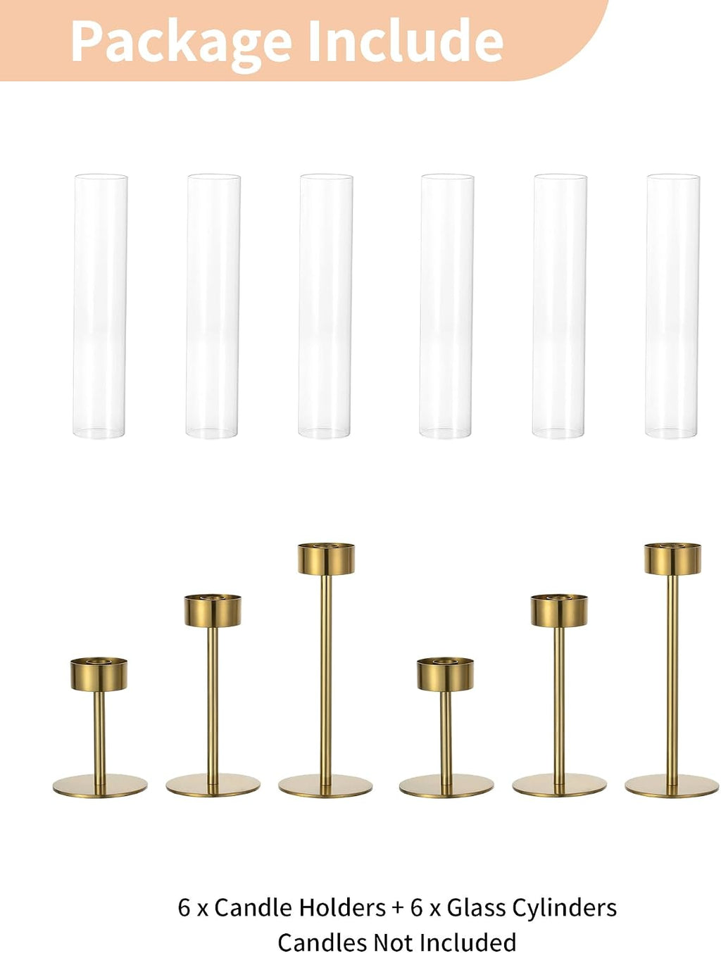 NUPTIO Hurricane Candle Holder for Centerpiece: Set of 6 Gold Taper Candle Holders Bulk - Tall Brass Candlestick Holders with Cylinder Shape Cover for Dinner Table Christmas Decor