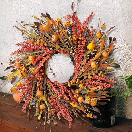 wanna-cul 24in fall harvest wreath for front door, close-up detail