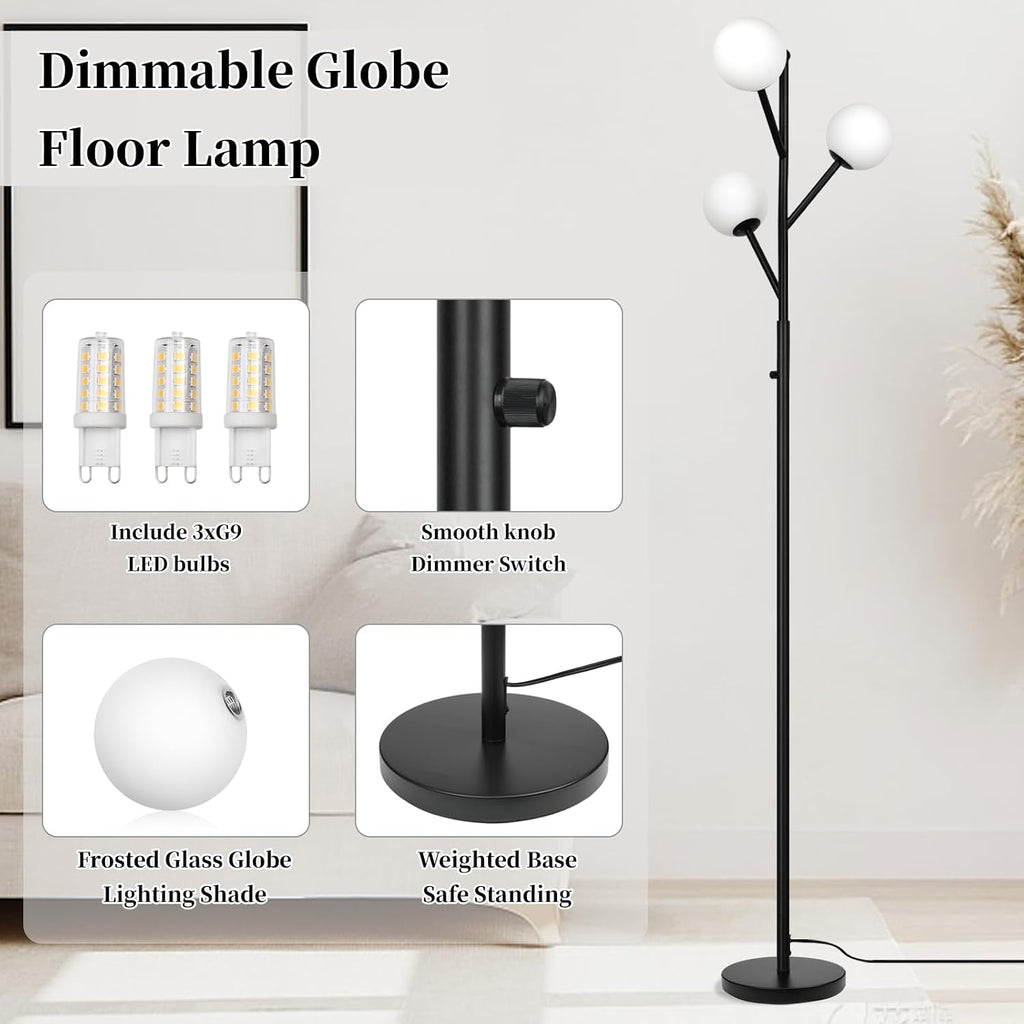 ldeco 3-globe mid century black tree floor lamp, close-up detail