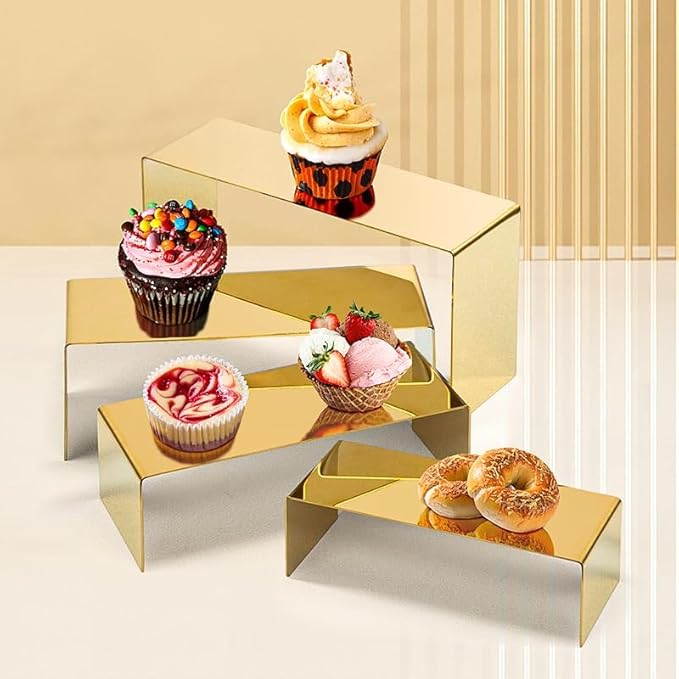 4 Pcs Gold Stainless Steel Display Risers, Display Stand for Cupcake Dessert Perfume Purse Handbag Shoe Jewelry and Funko Pop